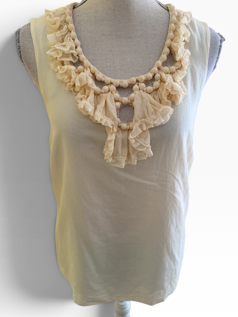 J. Crew Vintage Cream Cotton/Silk Ruffle Beaded Sleeveless Blouse 6